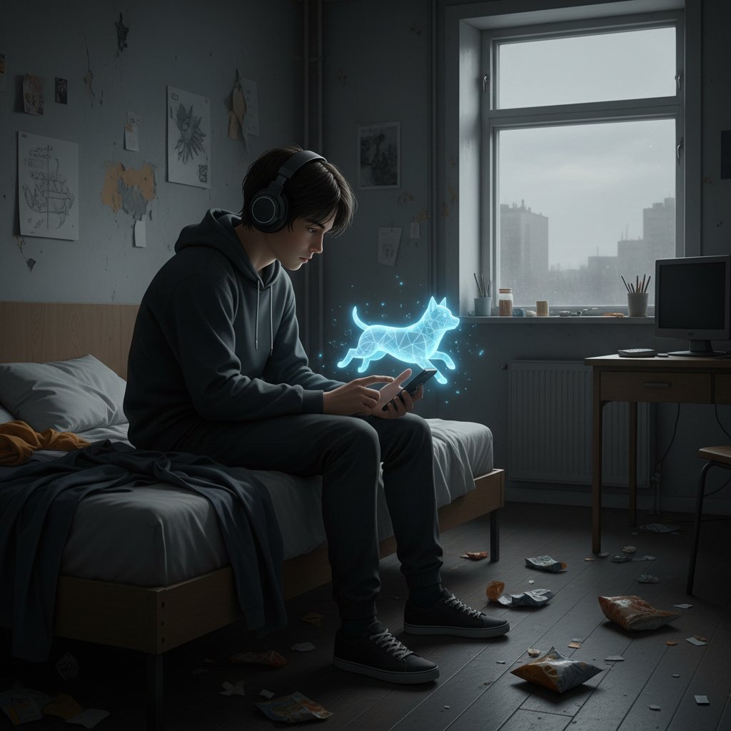 Nastolatek zafascynowany smartfonem z wirtualnym psem, samotna atmosfera