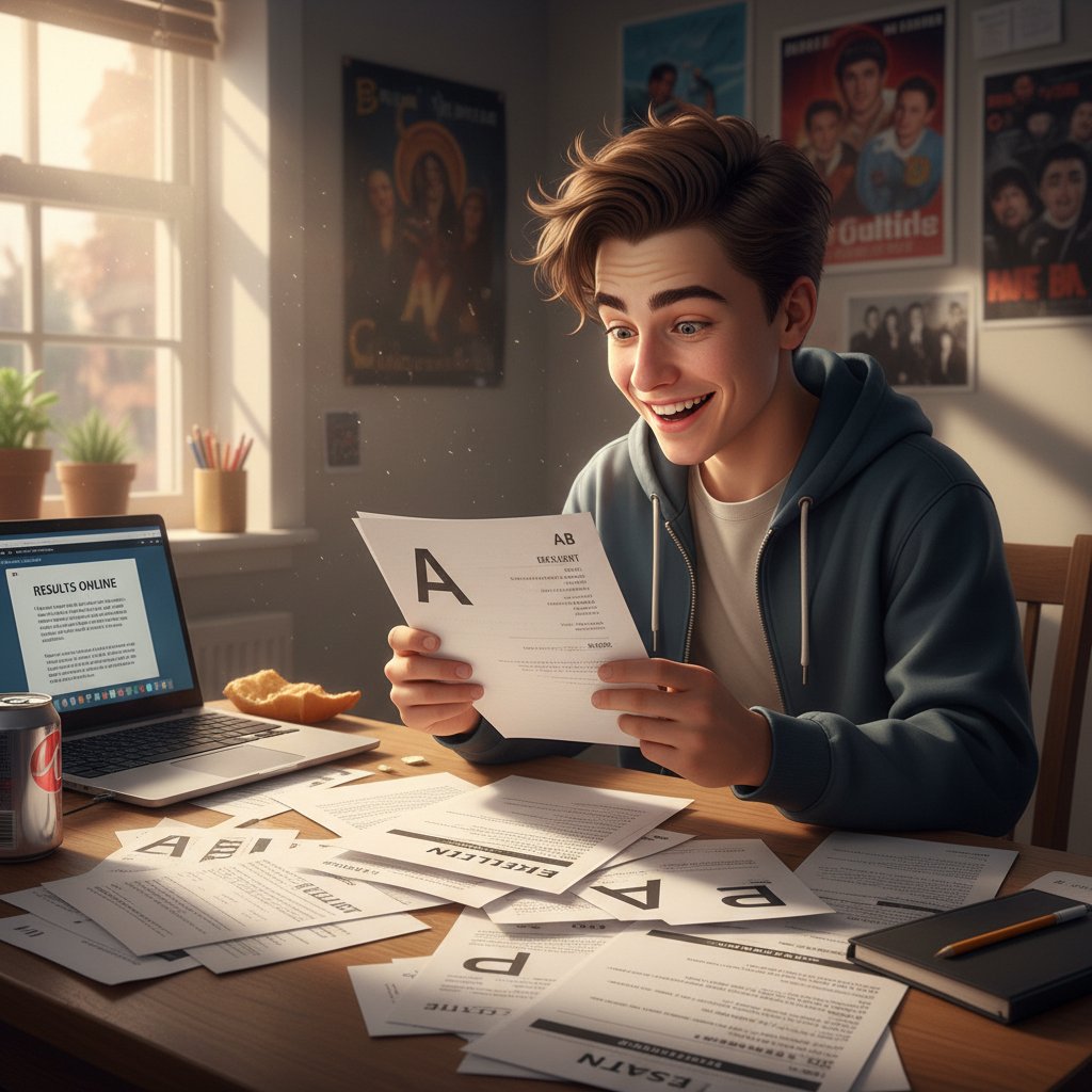 Nastolatek analizujący wyniki egzaminu, zaskoczenie i ulga w jednym, plik papierów na stole