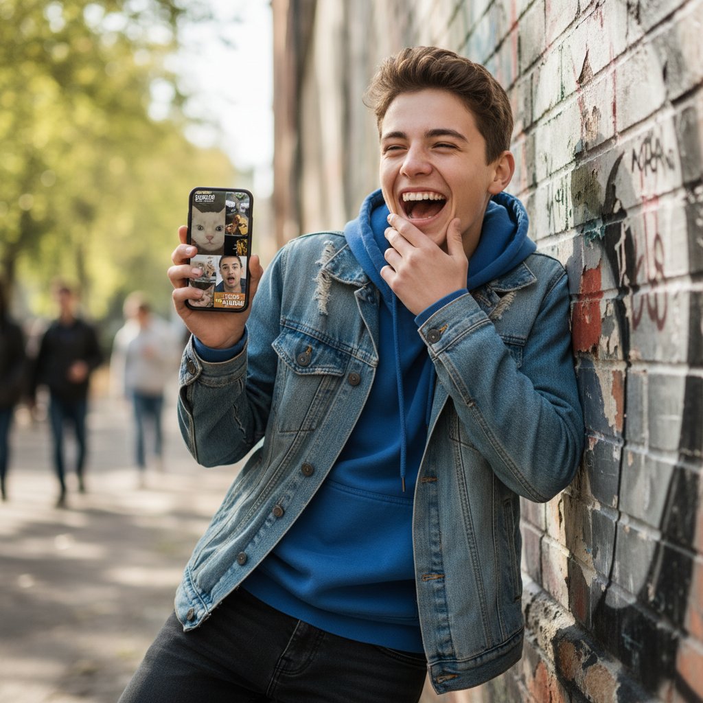 Nastoletni chłopak śmieje się patrząc w ekran telefonu, otacza go ściana memów