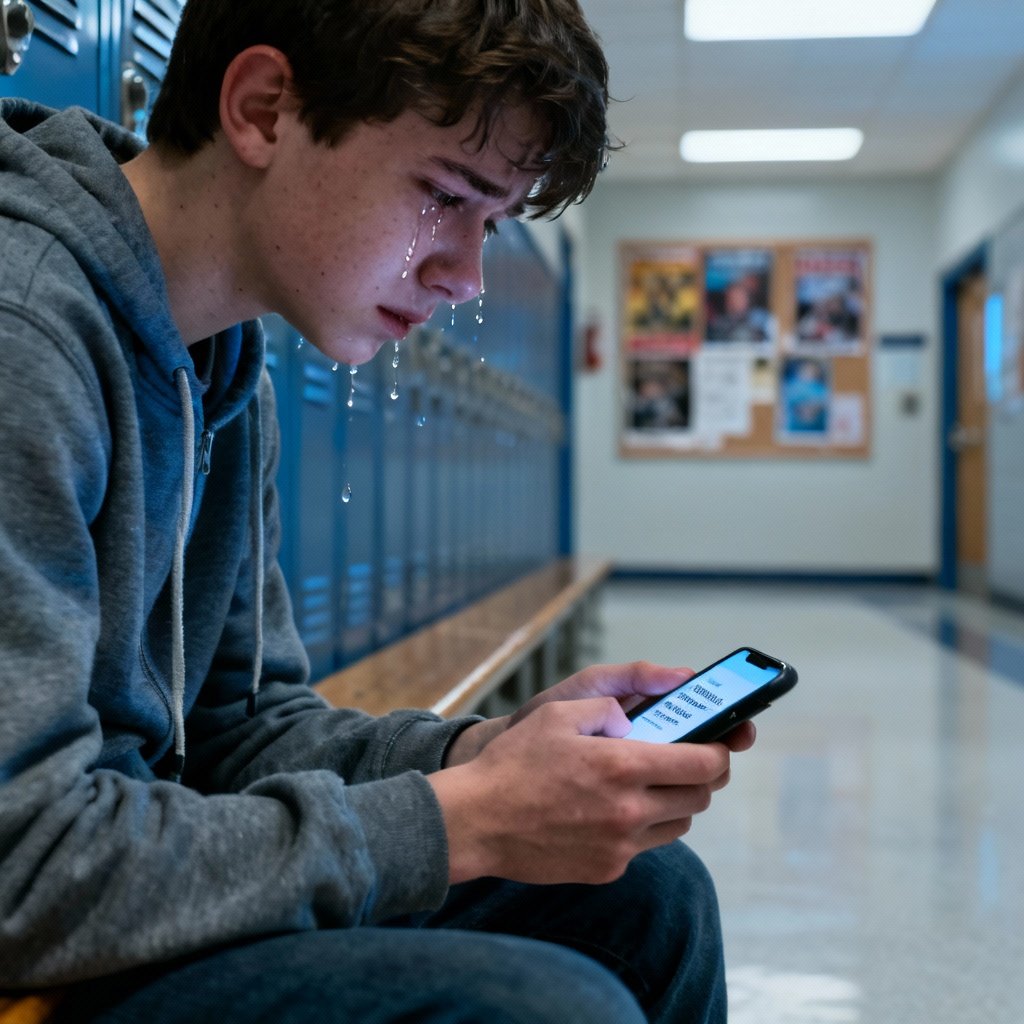 Nastolatek patrzy na telefon ze łzami w oczach, cyberbullying, samotność