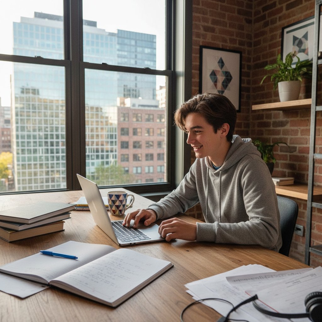 Uczeń poprawiający wyniki z proporcji dzięki korepetycjom online – nastolatek uśmiechnięty przy biurku z laptopem i zeszytem do matematyki, miejskie mieszkanie