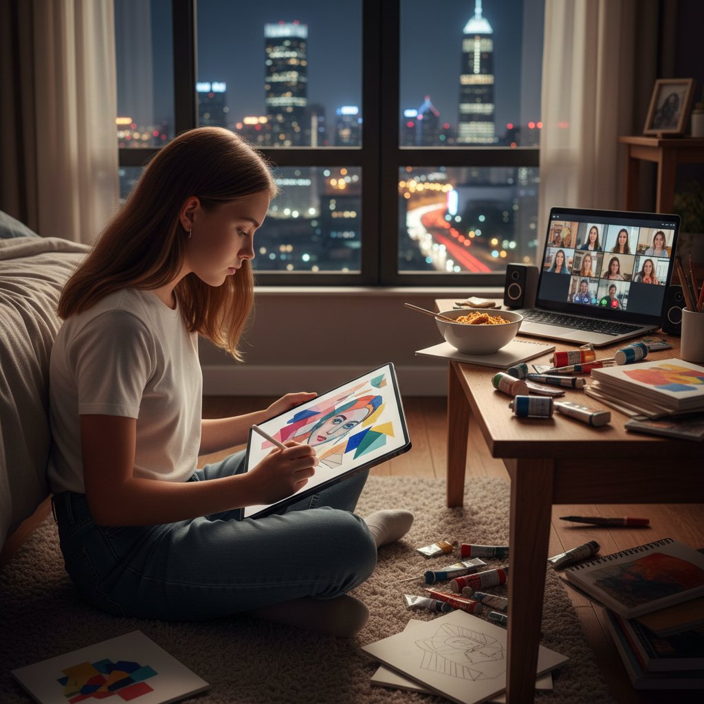 Nastolatka szkicująca na tablecie graficznym, otoczona cyfrowymi inspiracjami, w atmosferze nocnego miasta