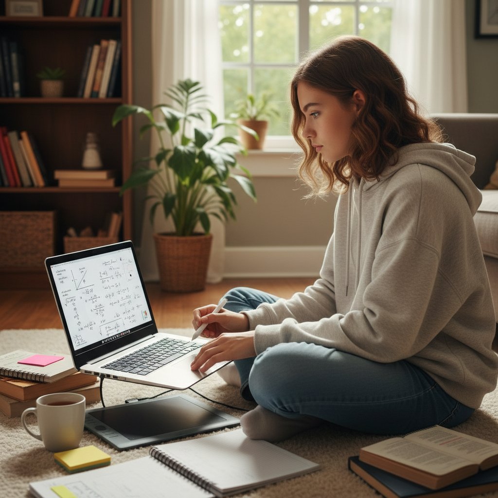 Nastoletnia uczennica z wyrazem skupienia analizująca zadanie matematyczne na laptopie w domowym otoczeniu