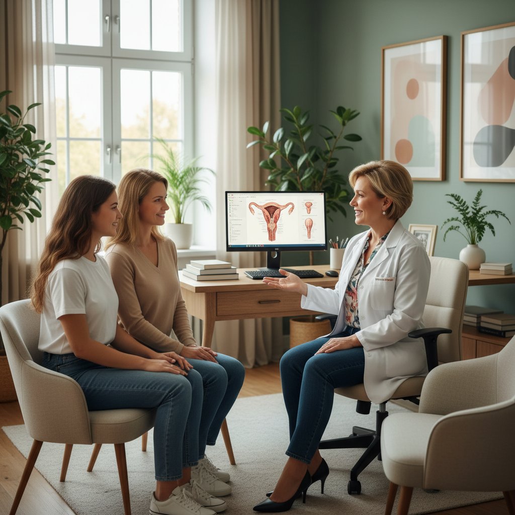Młoda dziewczyna z matką na pierwszej wizycie u ginekologa w przyjaznym gabinecie