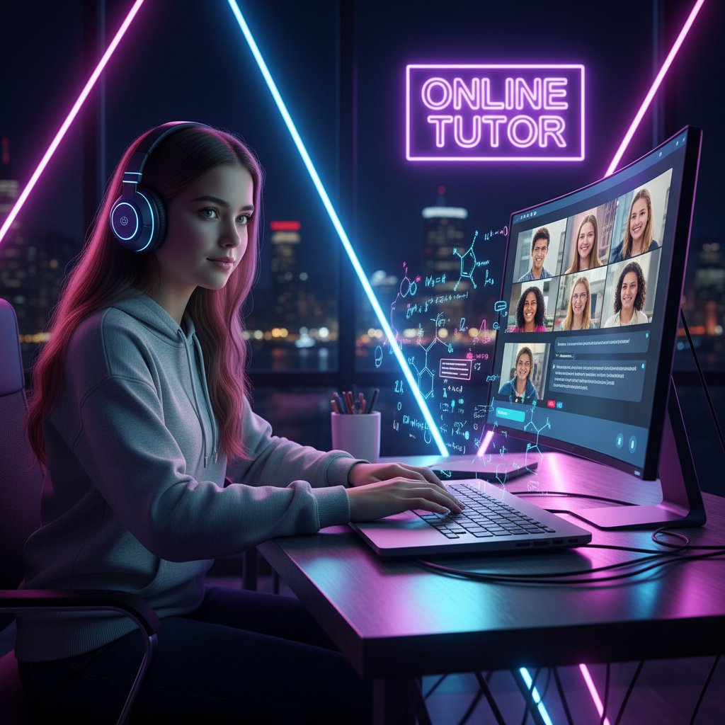 Teenager-Mädchen sitzt nachts am Schreibtisch, Laptop, Neonlichter im Fenster, zeigt Selbstvertrauen nach Online-Nachhilfe