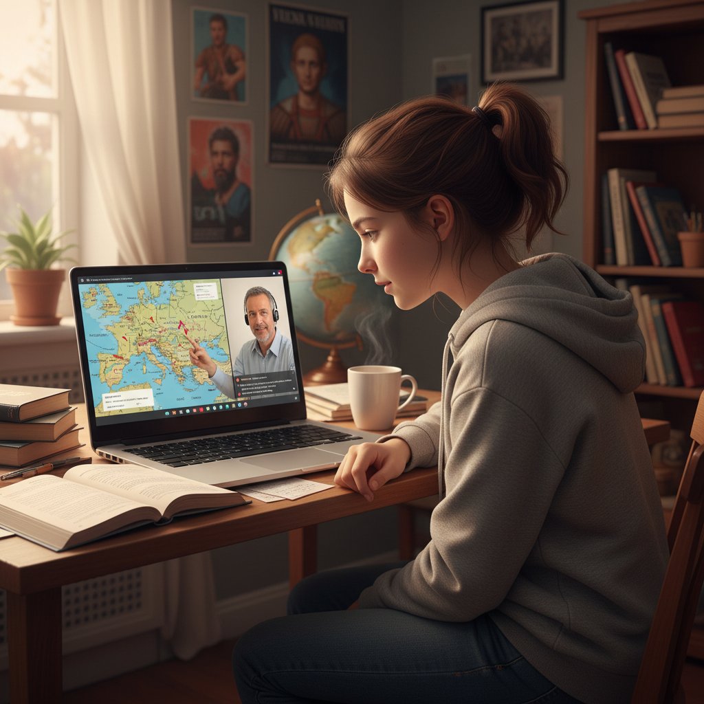 Nastolatka ucząca się historii online z nauczycielem poprzez platformę edukacyjną