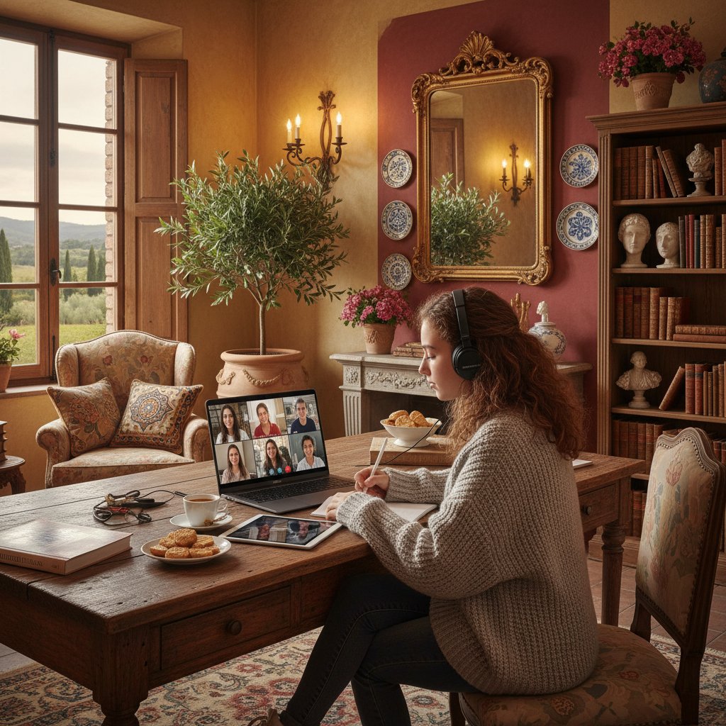 Nastoletnia uczennica przy komputerze, skupiona na lekcji online, w tle włoskie akcenty dekoracyjne