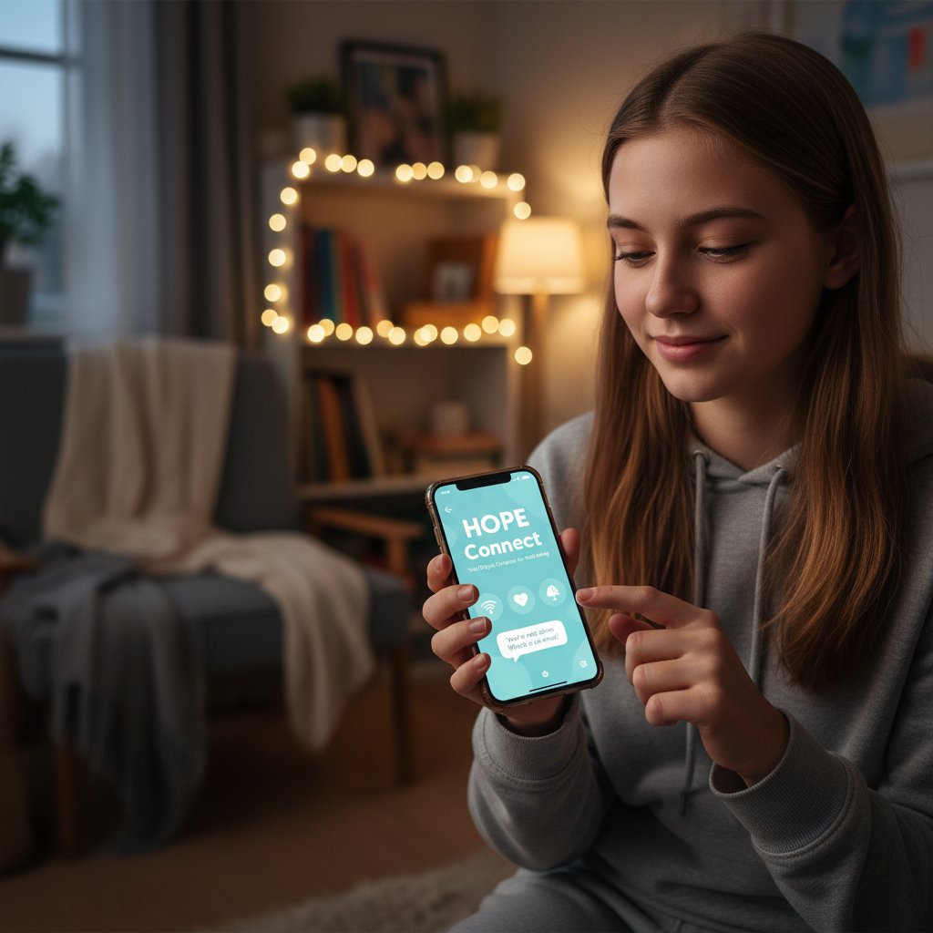 Nastolatka korzystająca z telefonu, aplikacja wsparcia emocjonalnego, psycholog.ai