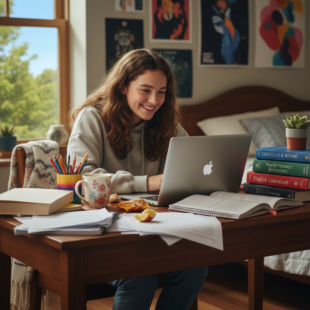 Uczennica korzystająca z blended learning w domu – przyjazny kadr, laptop i podręczniki