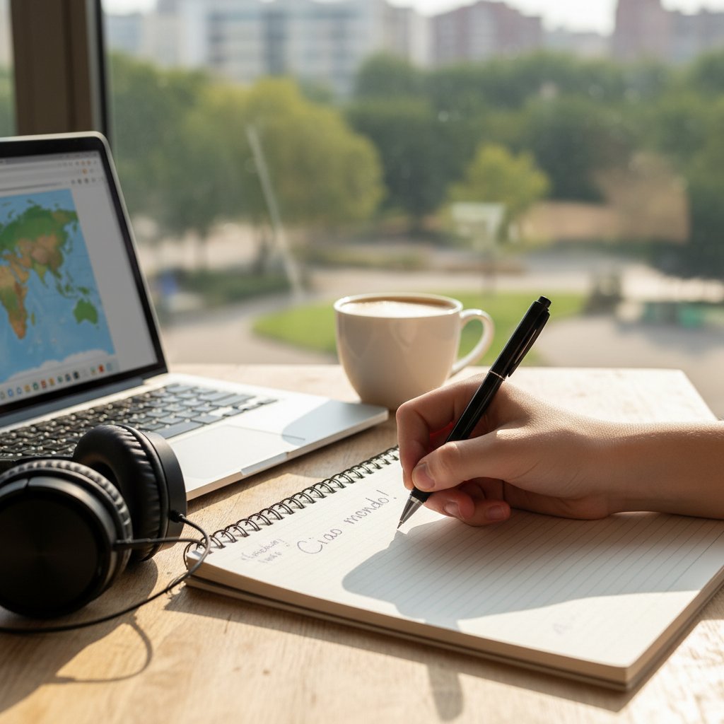 Nastolatek pisze po włosku w zeszycie przy komputerze – symbol nowoczesnej nauki języka