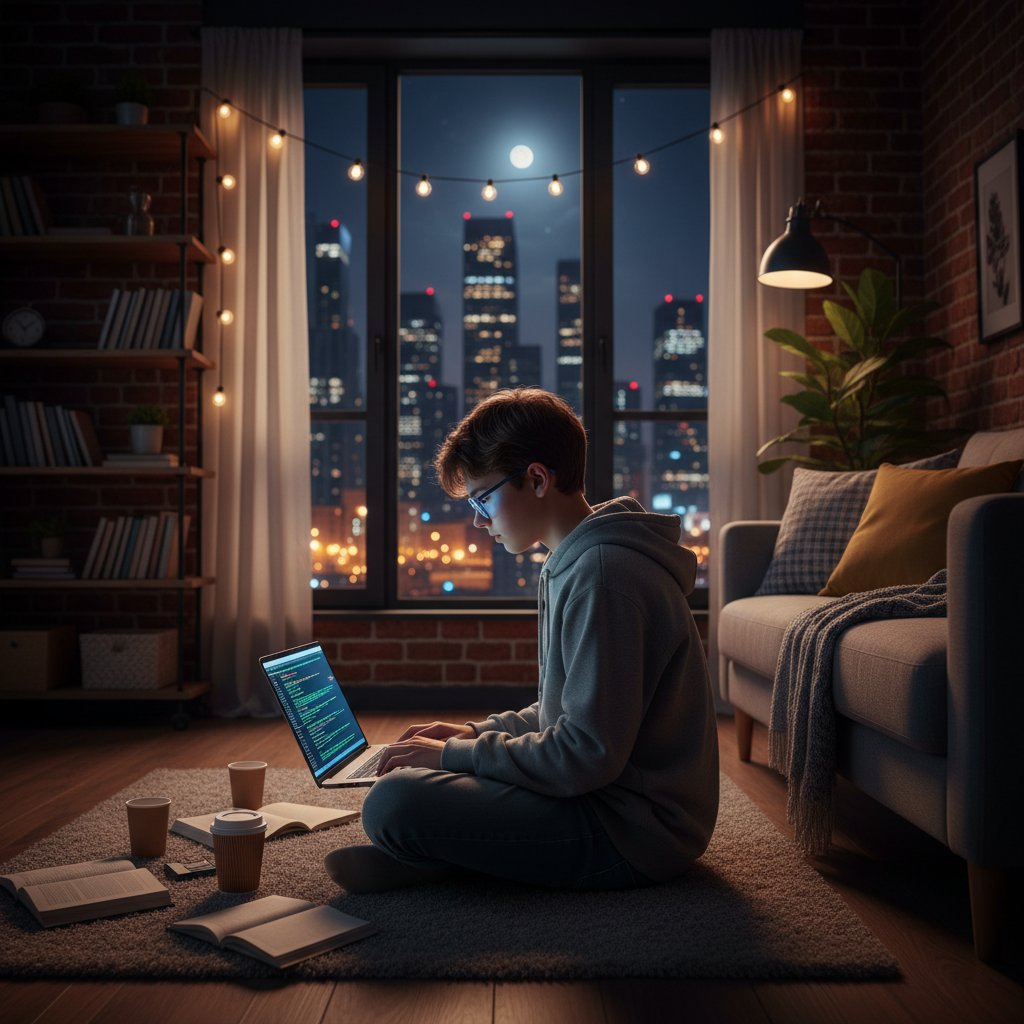Młody uczeń siedzący samotnie przy laptopie nocą, otoczony cyfrowymi ikonami kodowania