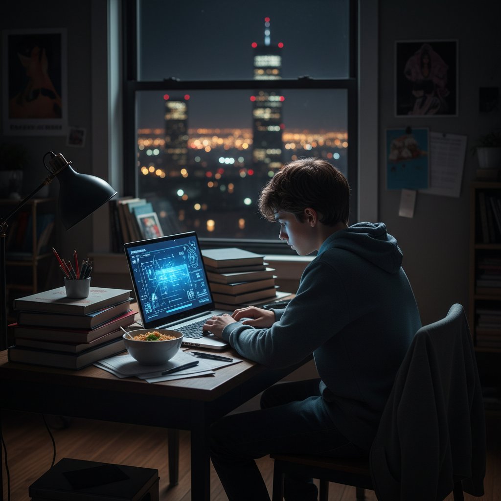 Jugendlicher sitzt nachts am Schreibtisch und sucht nach Hausaufgabenhilfe, Laptoplicht im dunklen Zimmer