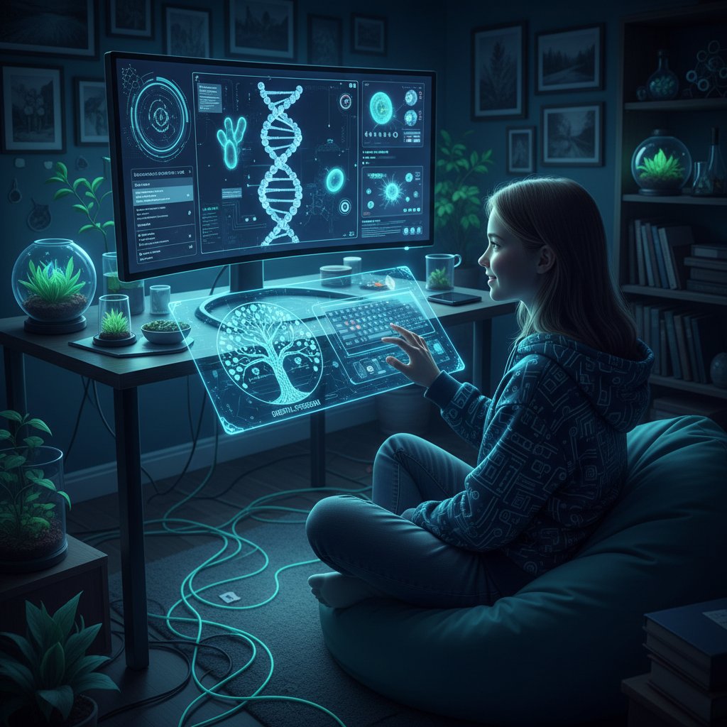 Nastoletni uczeń pracujący nad biologią online, rozświetlony ekran monitora, atmosfera cyfrowej swobody