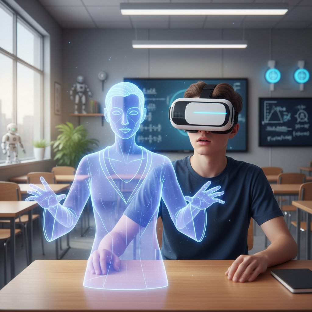 Nastolatek w goglach VR, awatar nauczyciela AI okazuje troskę, obrazujący AI rozpoznającą emocje w edukacji