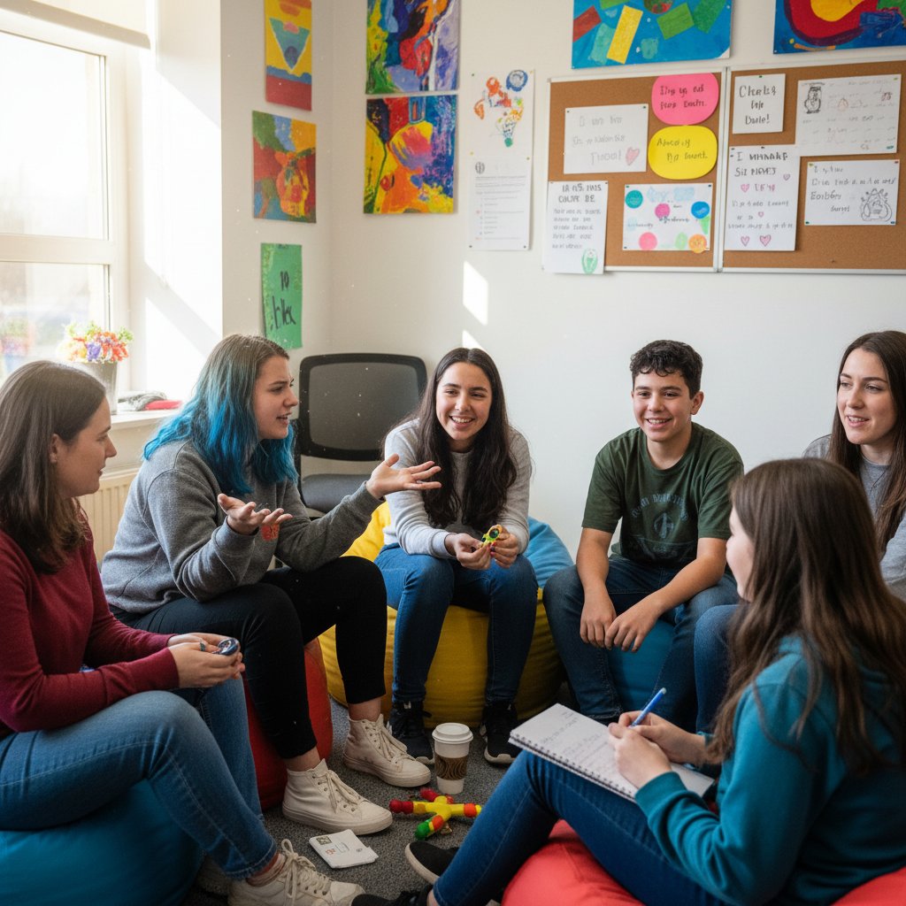 Nastolatek z ADHD podczas rozmowy w grupie wsparcia, różnorodne emocje