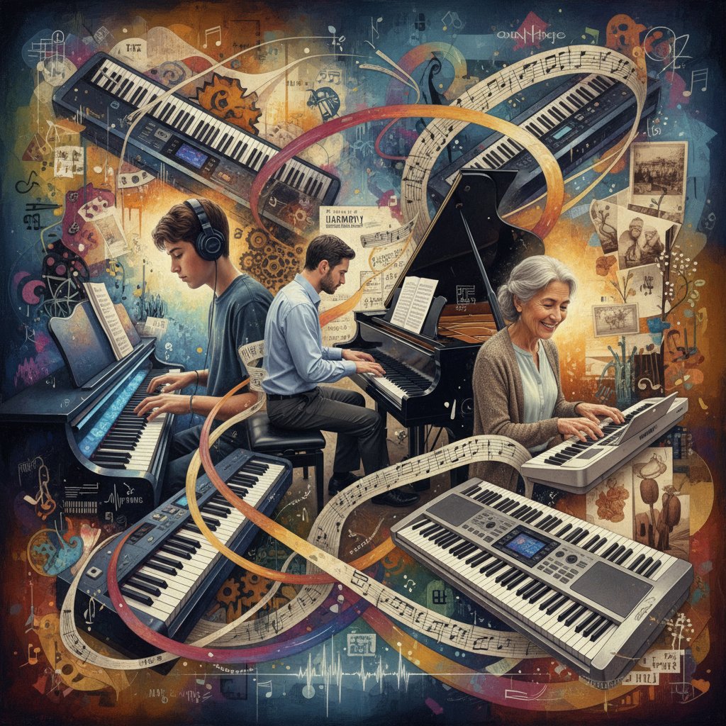 Artystyczny kolaż: nastolatek, dorosła i senior przy cyfrowych pianinach – historie sukcesów w nauce online