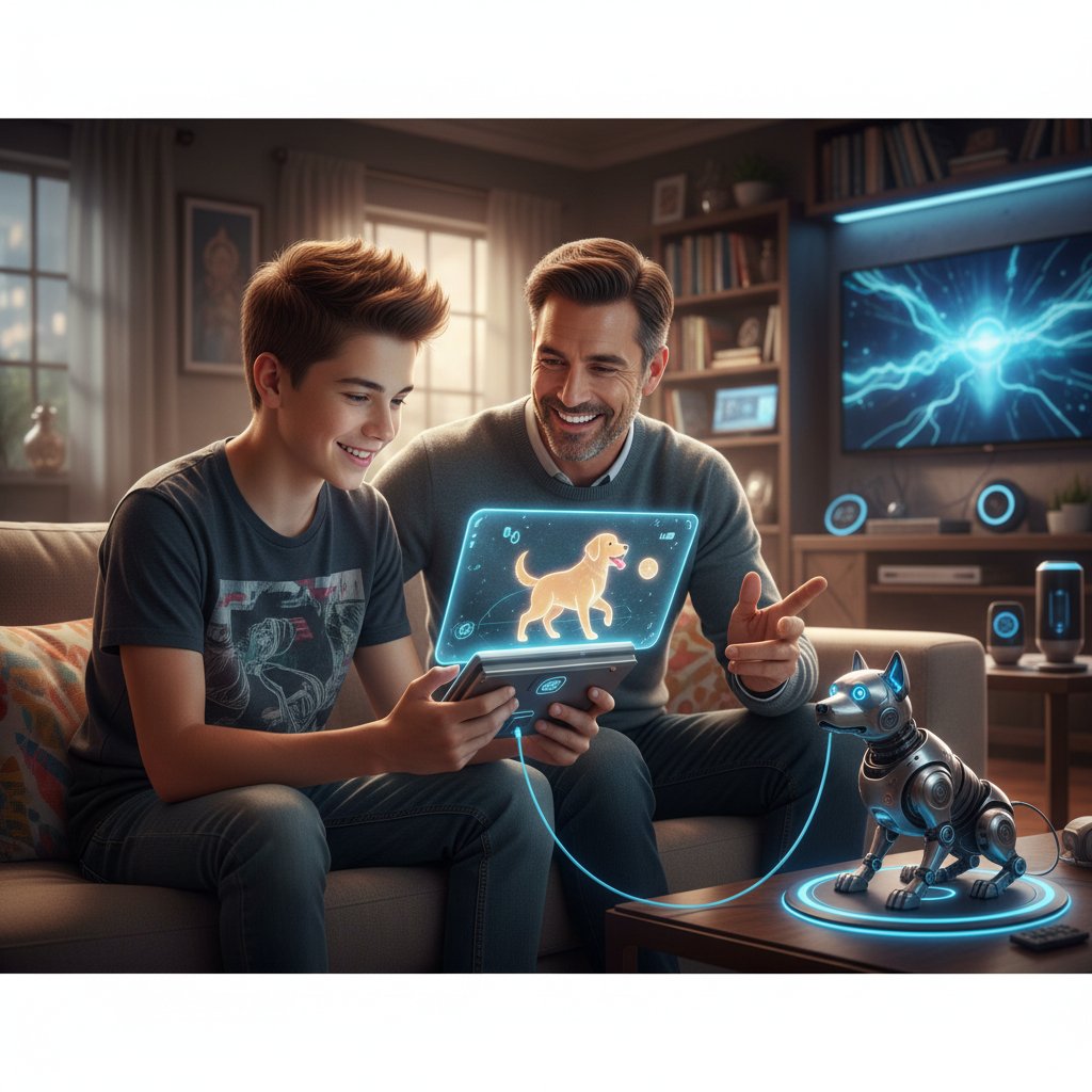 Nastolatka i dorosły mężczyzna korzystający z pieska AI w domowych warunkach