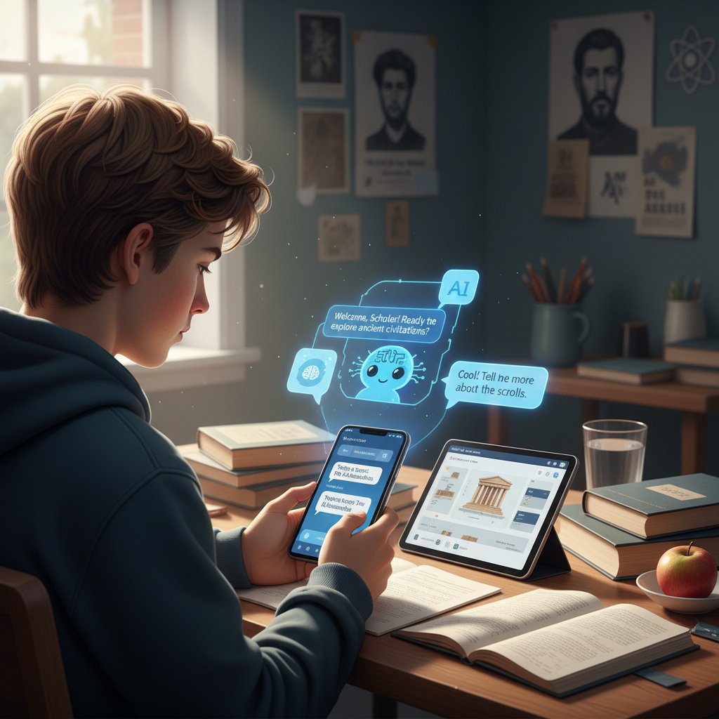 Nastolatek uczy się z AI na smartfonie, widoczny ekran czatu i materiały edukacyjne