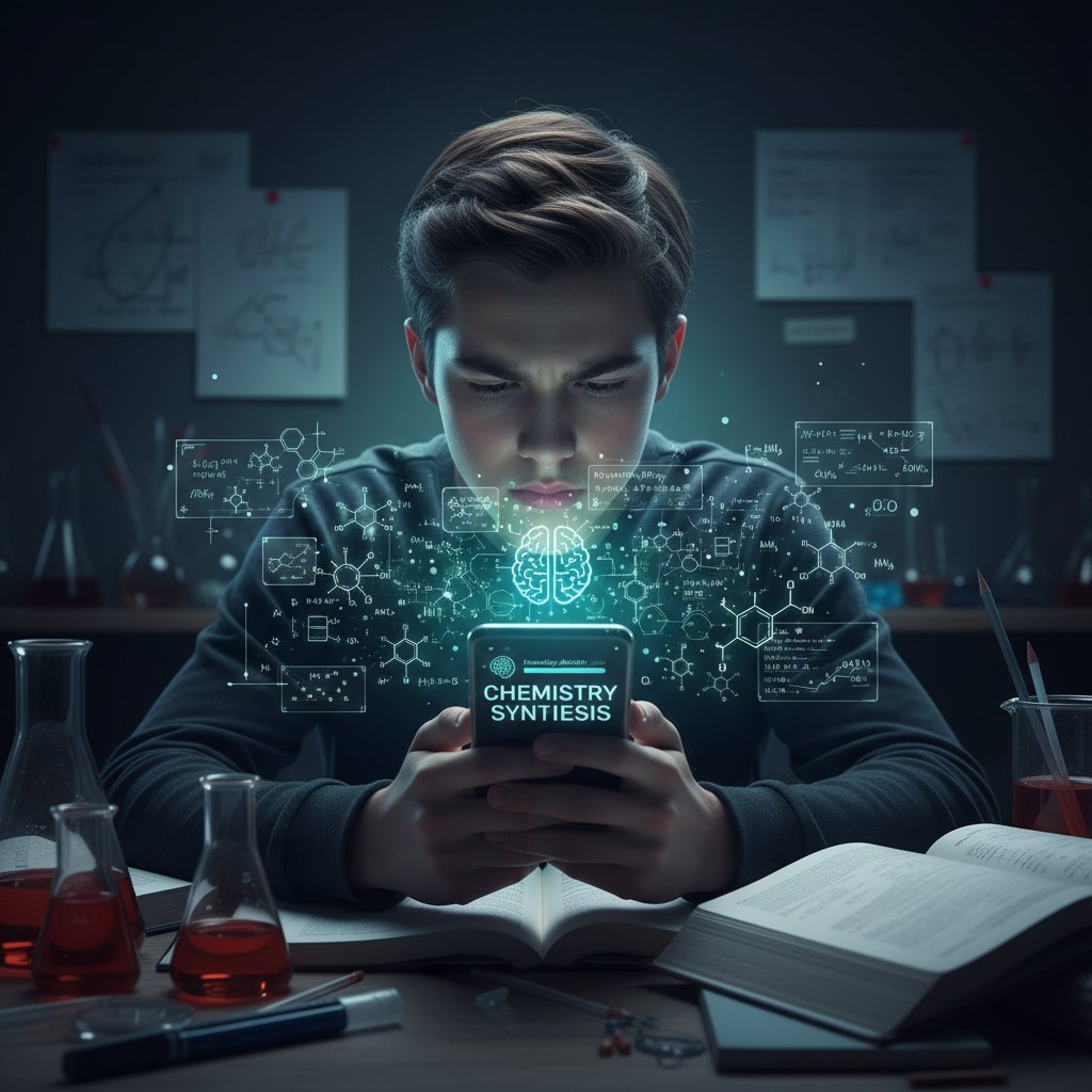 Nastolatek korzystający z aplikacji AI na smartfonie, wyświetlone wzory chemiczne, intensywna atmosfera nauki
