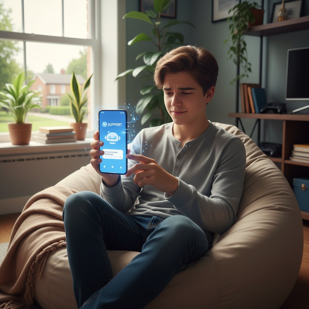 Nastolatek korzystający z aplikacji AI na smartfonie, wsparcie emocjonalne online