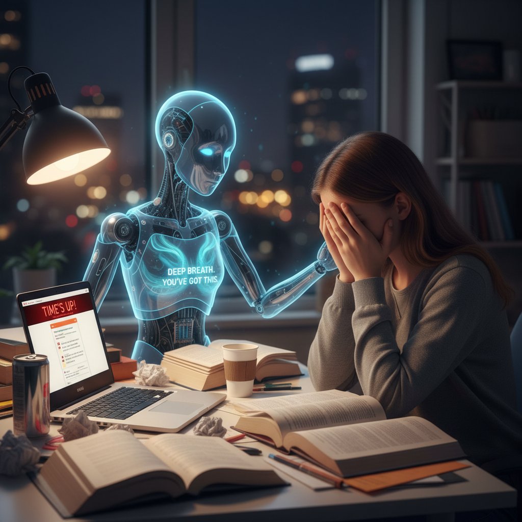 Nastolatek rozmawiający z hologramem AI w zaciszu własnego pokoju, atmosfera skupienia i ulgi