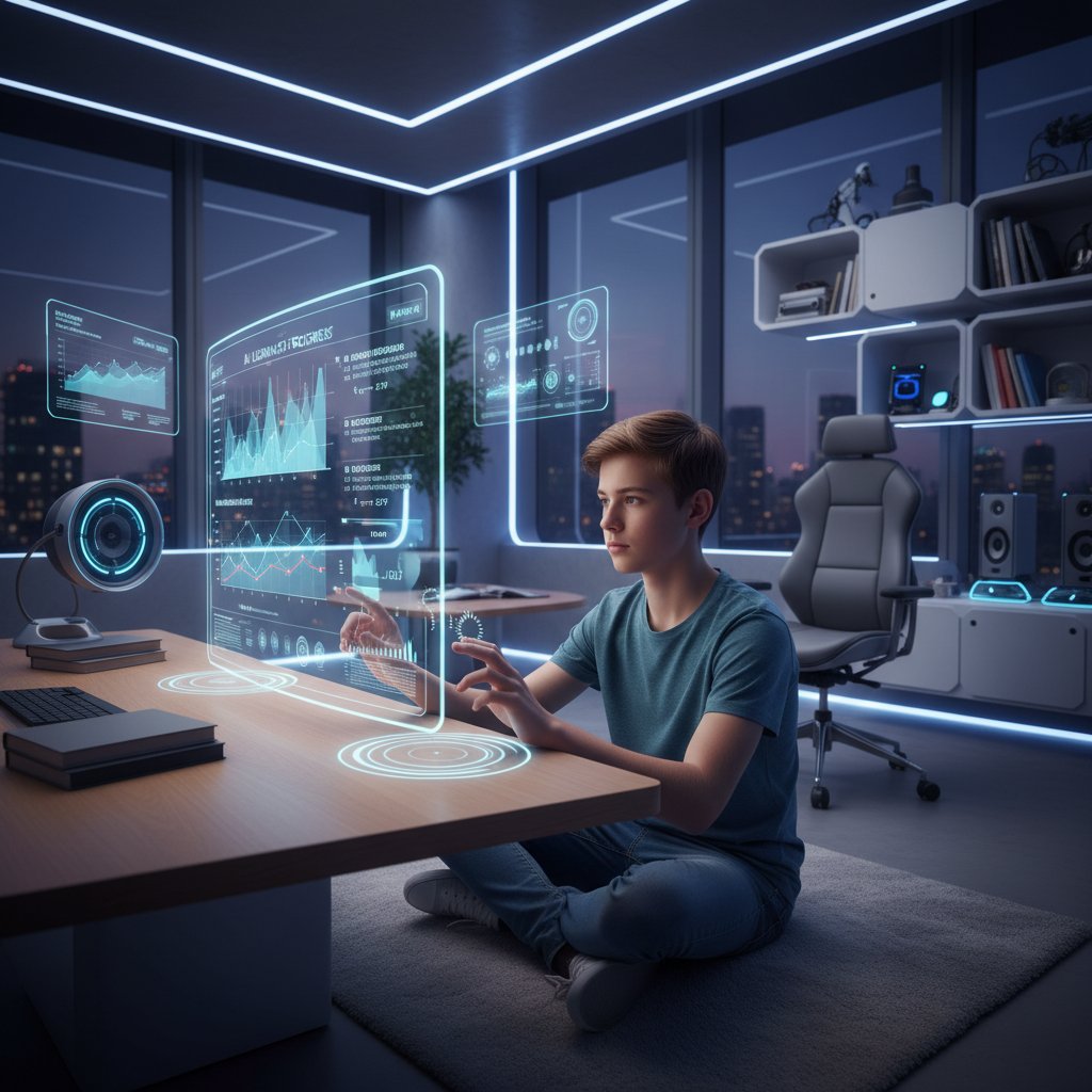 Nastolatek pracujący z AI, ekran z analizą postępów, nowoczesny pokój