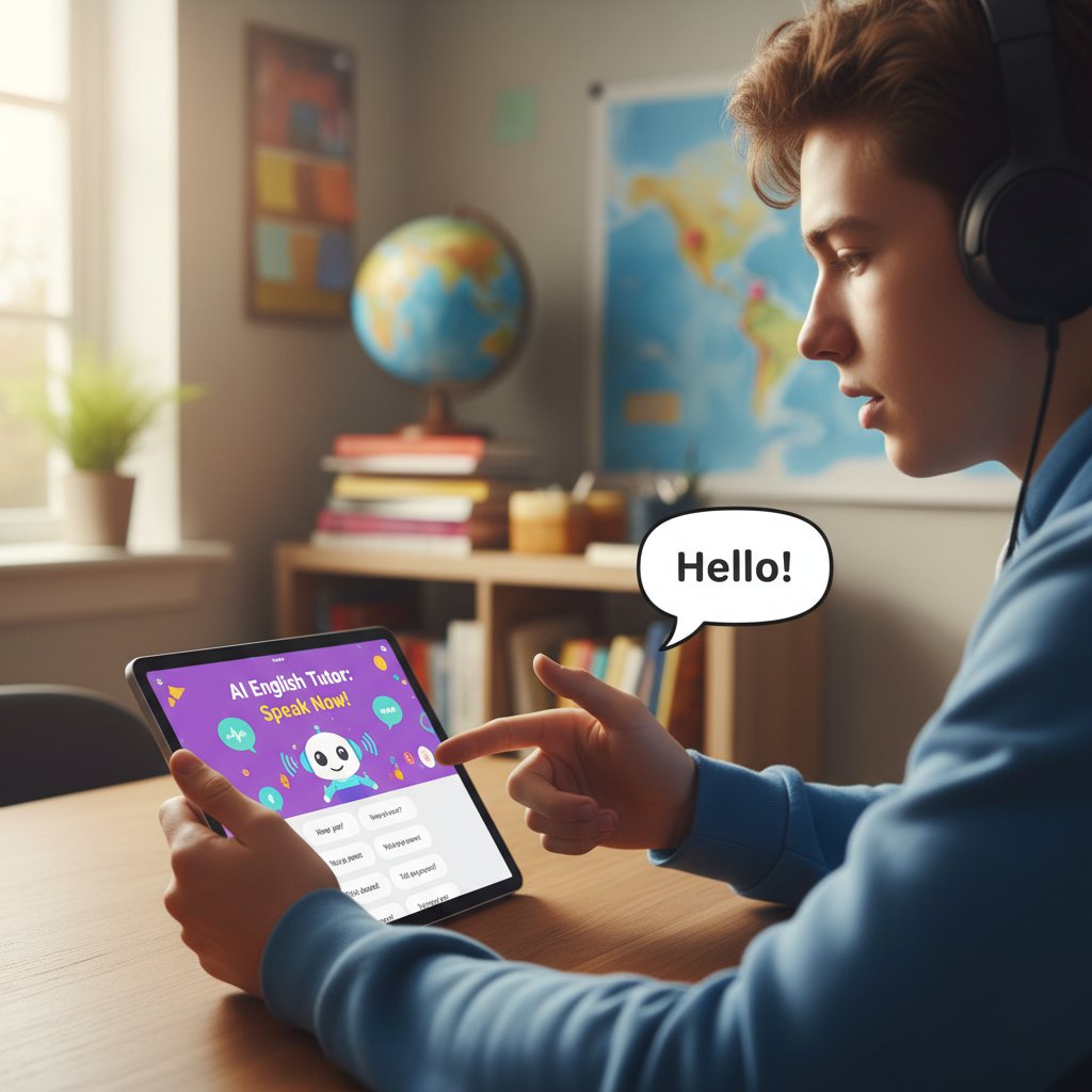 Nastolatek z tabletem i wsparciem AI podczas nauki angielskiego online, ekran z interaktywną lekcją