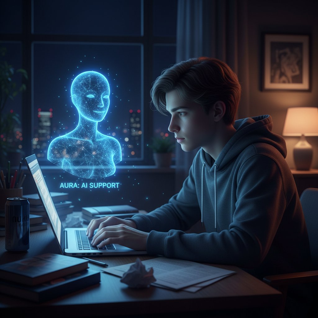 Nastolatka rozmawia z AI na smartfonie, wieczorna scena wsparcia