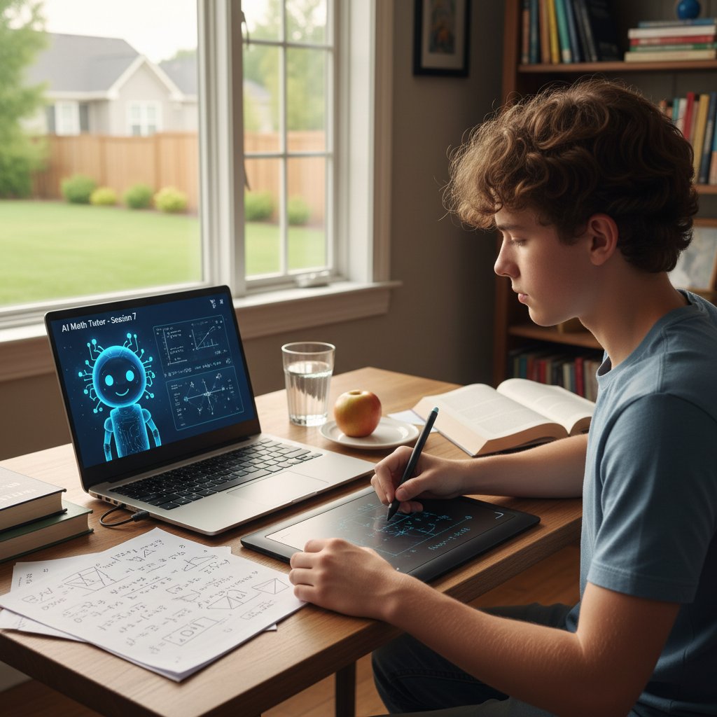 Nastolatka korzysta z platformy AI do nauki matematyki na laptopie