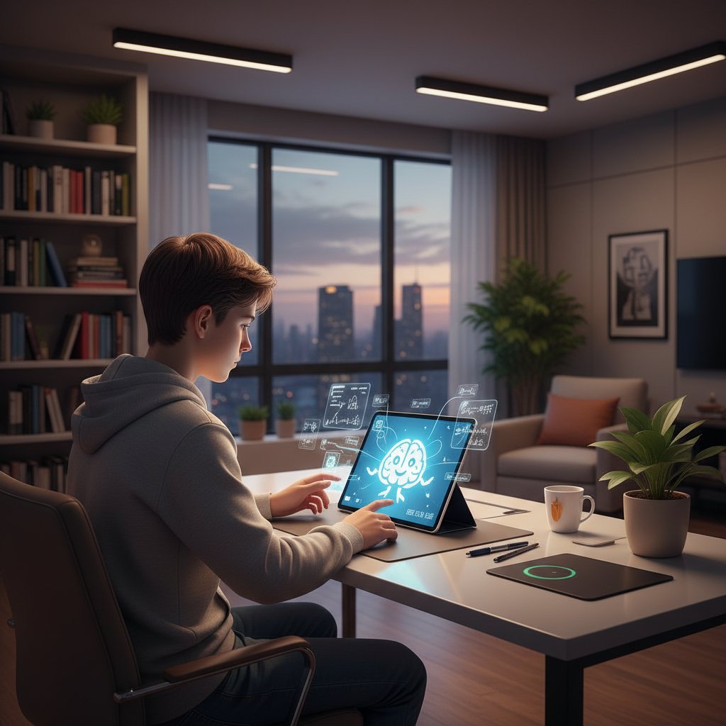 Nastolatek uczy się z AI, skupiony, tablet, sztuczne światło, wieczór, nowoczesny pokój