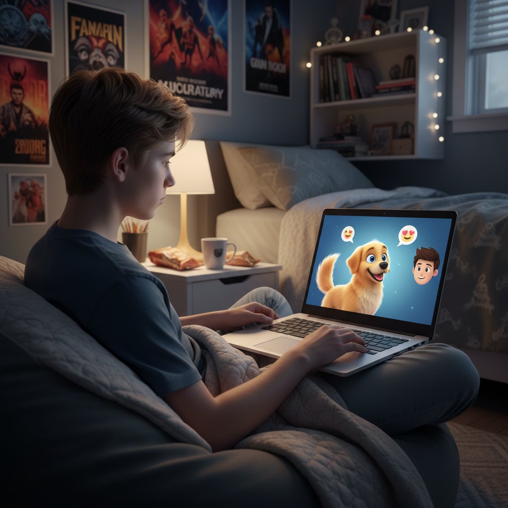 Nastolatek siedzi samotnie w pokoju, na ekranie laptopa wirtualny pies – obraz cyfrowej przyjaźni