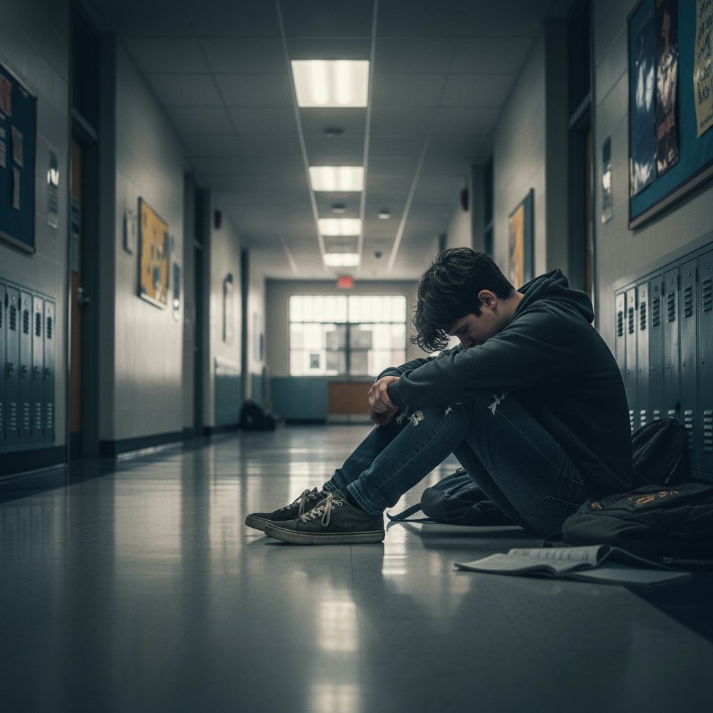 Nastolatek samotnie w korytarzu szkoły – wyzwania edukacji z epilepsją