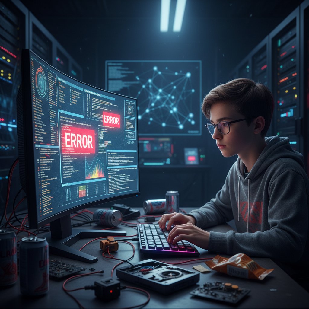 Nastolatek analizuje wyniki testów AI na komputerze, wyświetlone błędy na ekranie