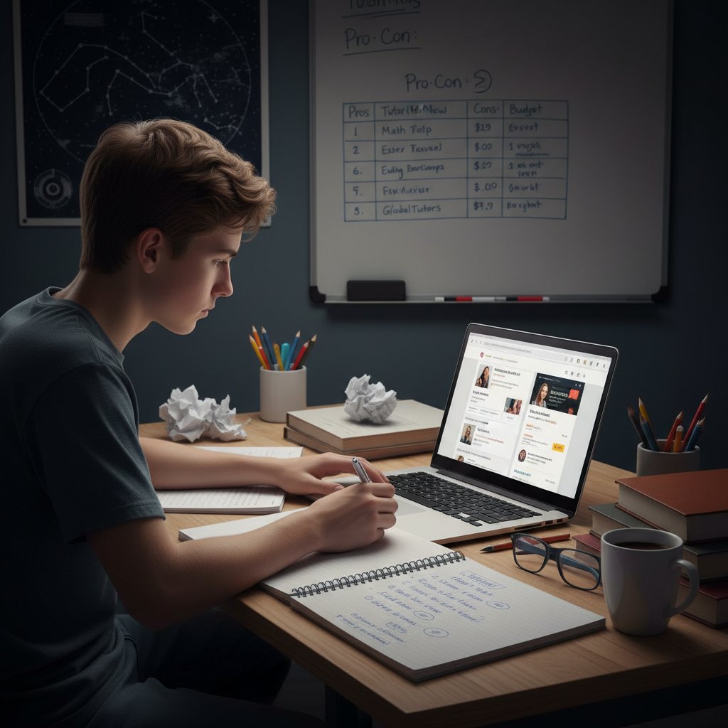 Nastolatek analizujący oferty korepetycji online na tablecie, notatki na biurku, skupiony