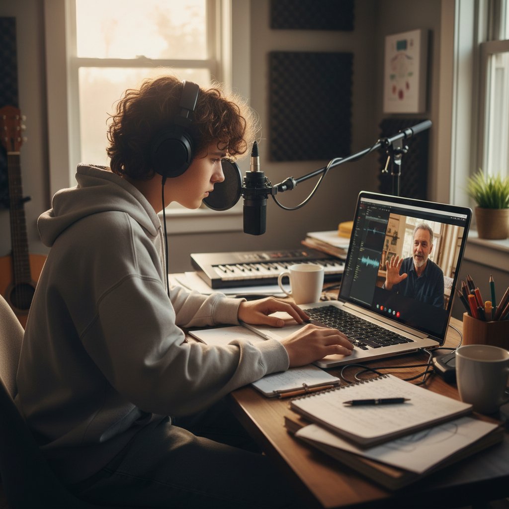 Nastolatek analizuje własne nagranie muzyczne na laptopie, porównuje z lekcją online, domowa atmosfera