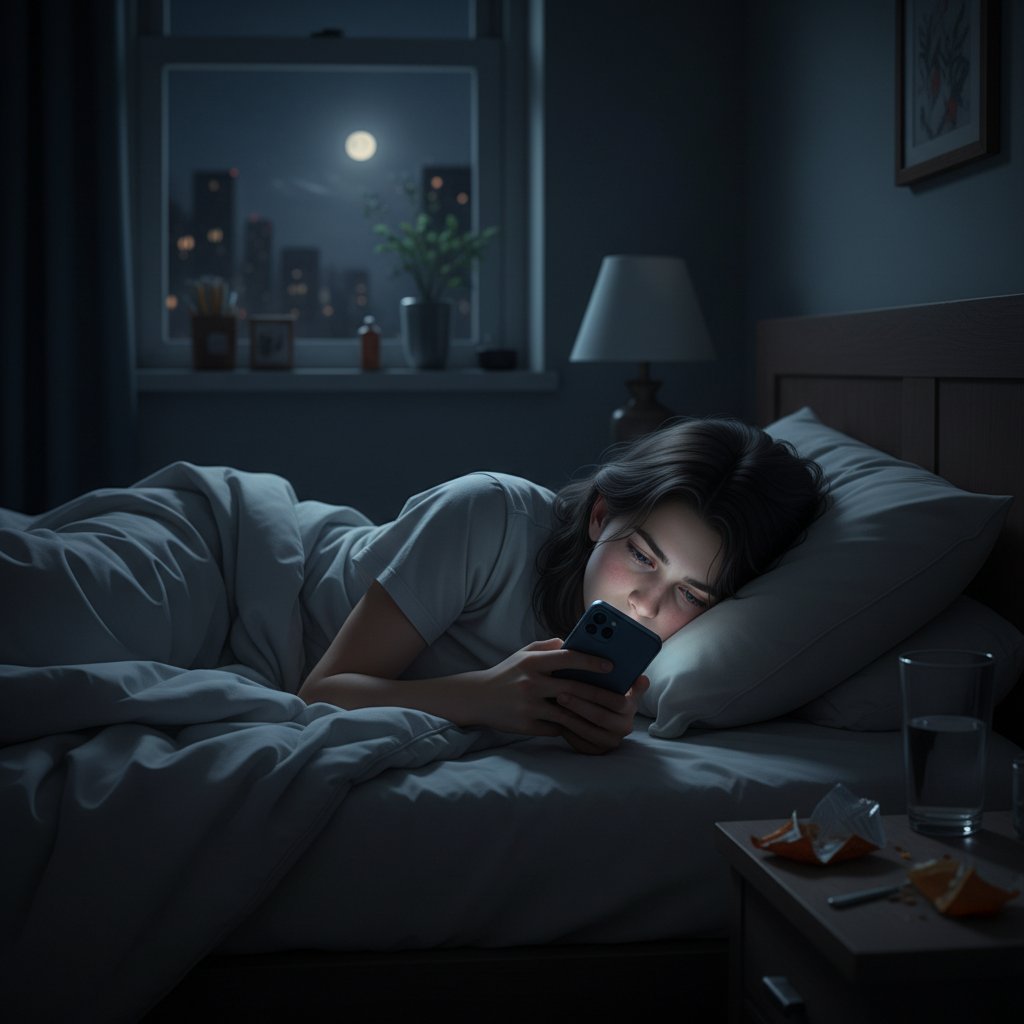 Nastolatek z telefonem w łóżku nocą, światło ekranu rozświetla twarz, zmęczenie