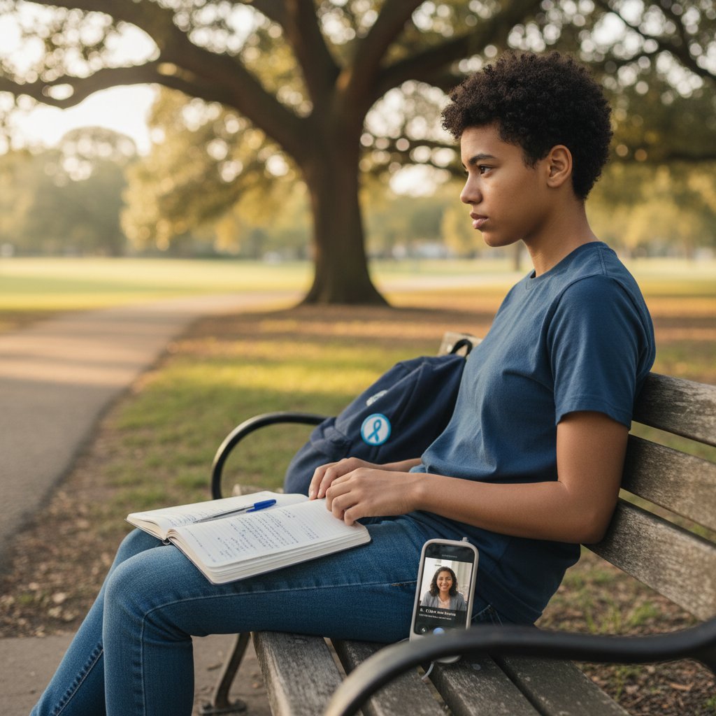 Nastolatek z cukrzycą typu 1 na ławce w parku, zamyślony wyraz twarzy