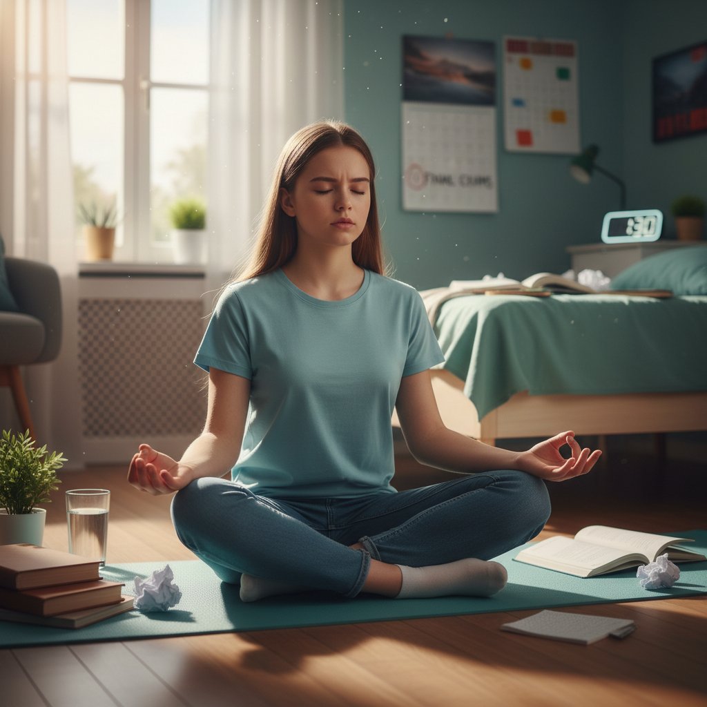 Nastolatek ćwiczący techniki oddechowe przed egzaminem, wyciszony, zrelaksowany