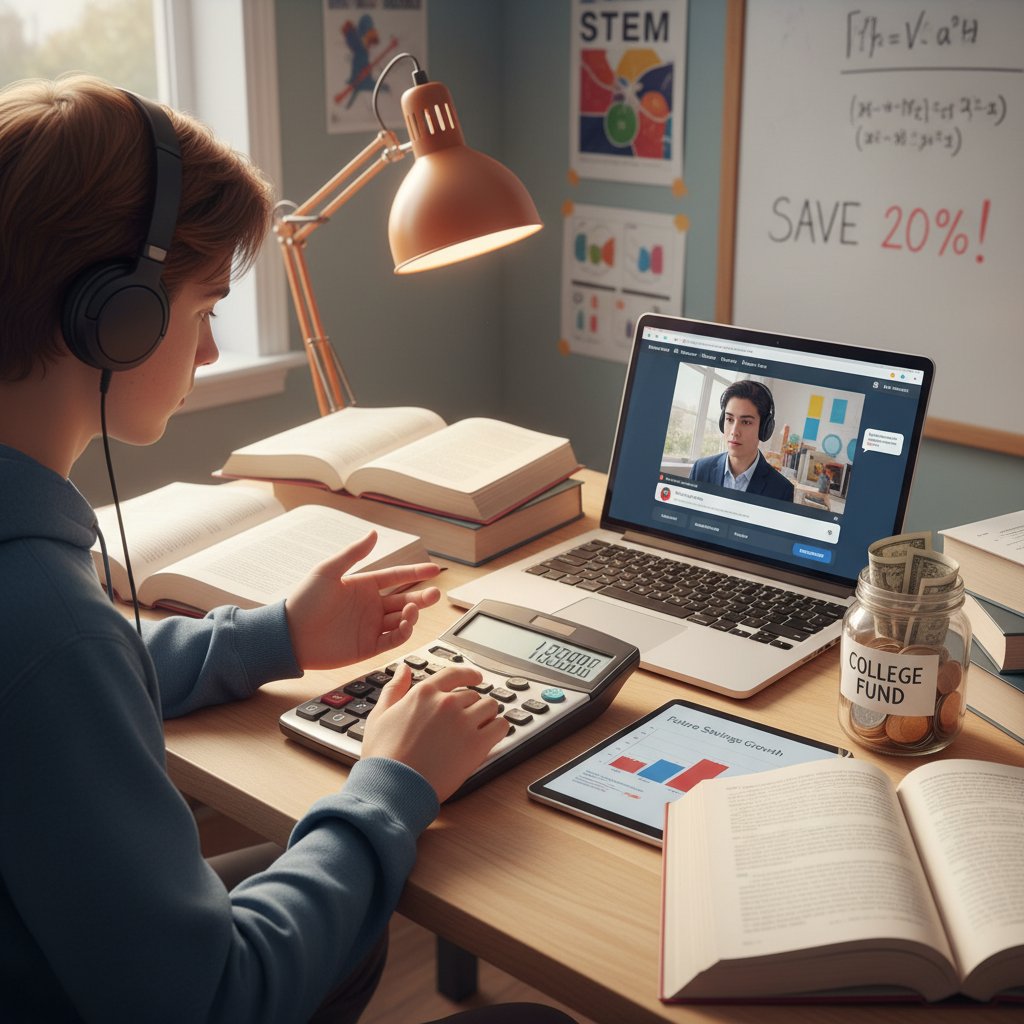 Nastolatek liczy oszczędności na nauce matematyki przy laptopie i kalkulatorze