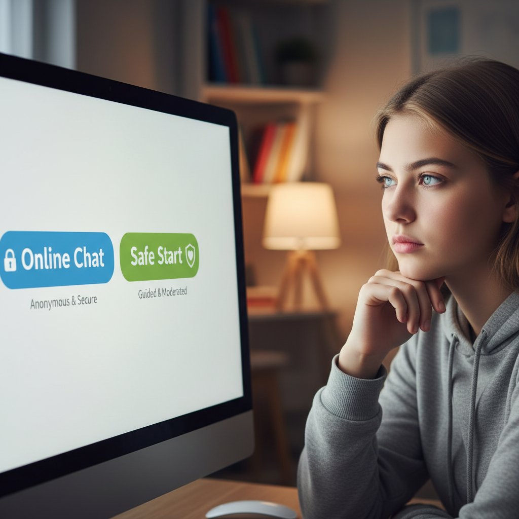 Nastolatek wybiera platformę do rozmów online na laptopie, bezpieczny start