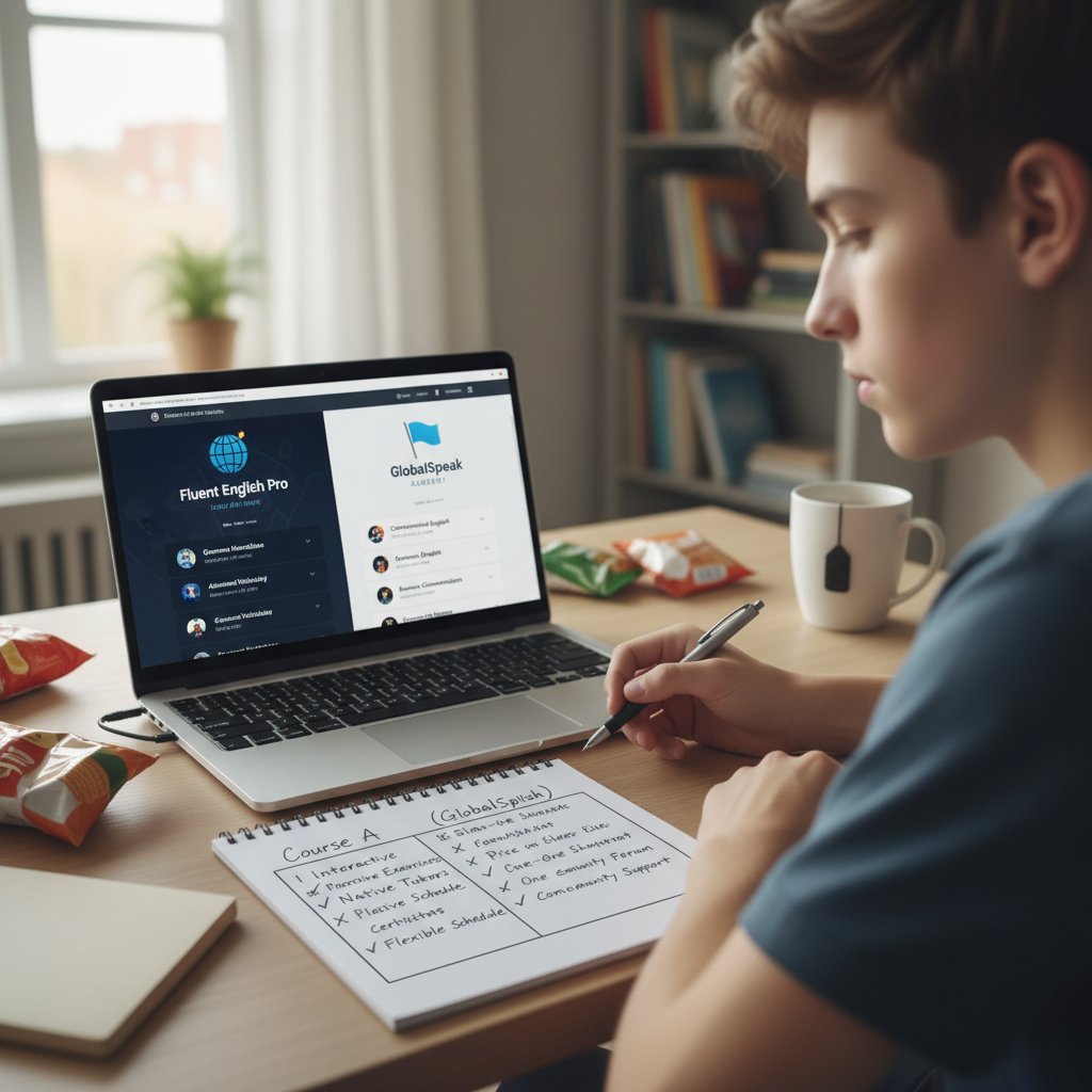 Młody człowiek porównuje oferty kursów angielskiego online na laptopie, notuje plusy i minusy