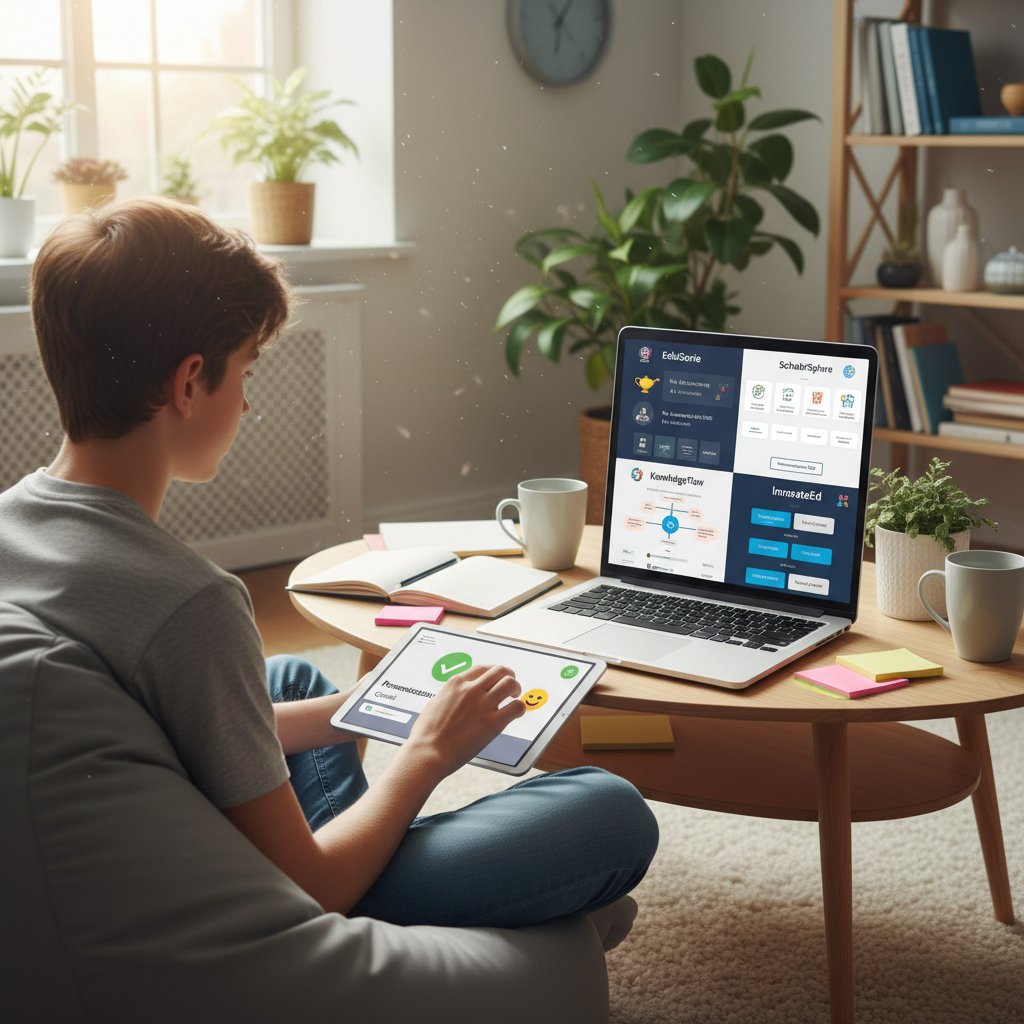 Nastolatek porównujący różne platformy edukacyjne na laptopie, kładący nacisk na aktualność i personalizację