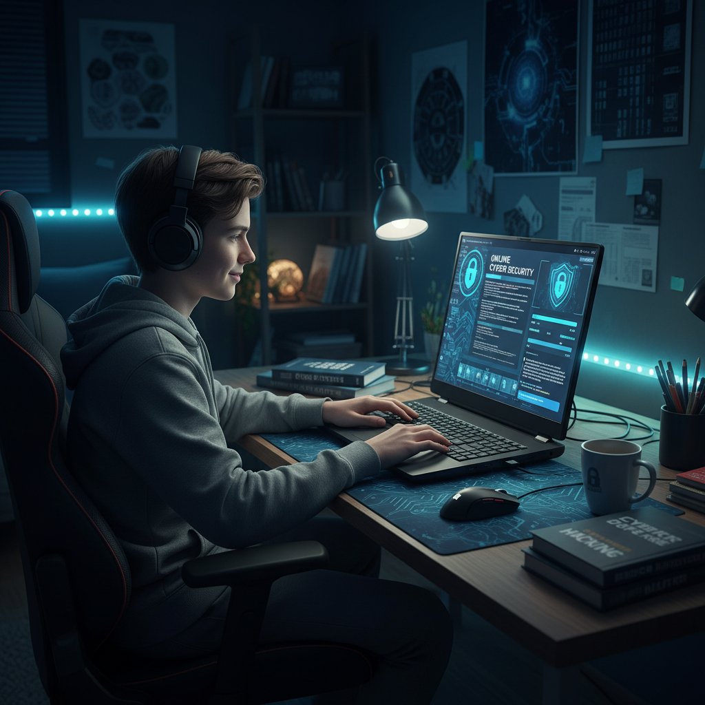 Nastolatek przy komputerze, świadomy zagrożeń cyfrowych podczas nauki online