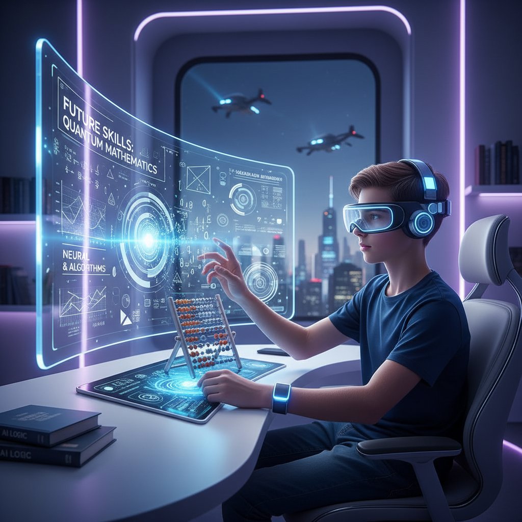 Nastolatek pracuje nad zadaniem matematycznym na komputerze, rozwija kompetencje przyszłości