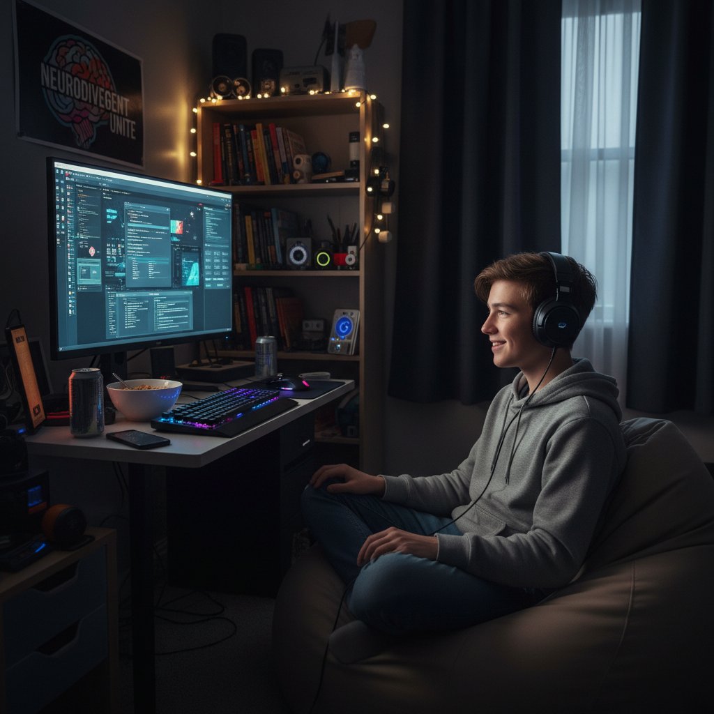 Nastolatek siedzący samotnie przy komputerze, ekran rozświetlający twarz, atmosfera napięcia i refleksji – wsparcie czy izolacja?