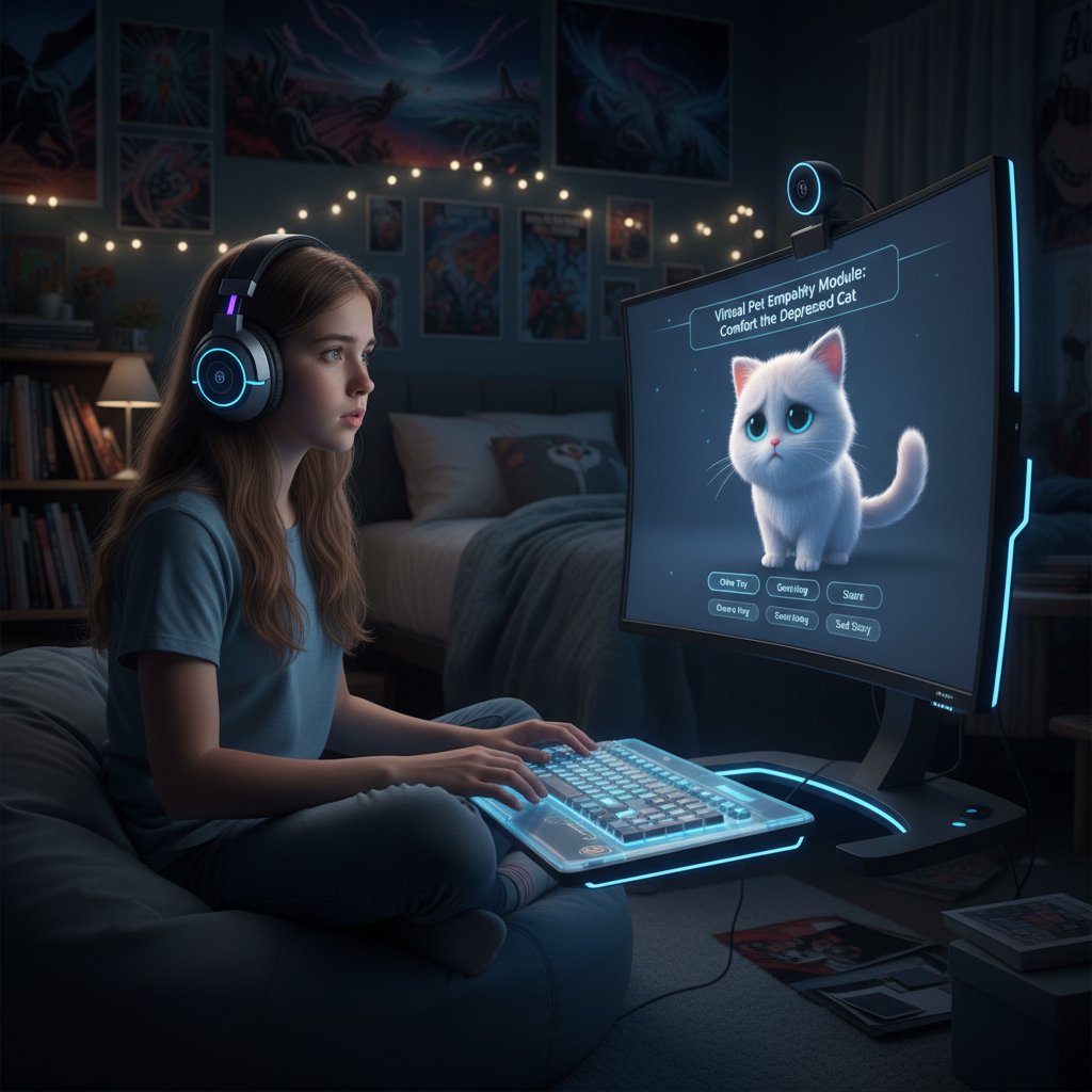 Nastolatek przy komputerze rozmawiający z wirtualnym kotkiem, interaktywna nauka empatii