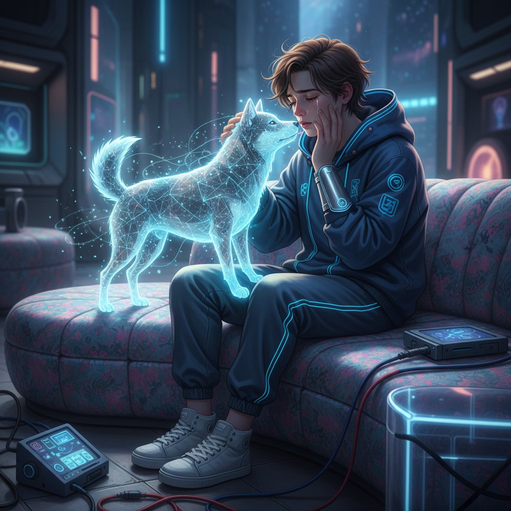 Jugendliche interagiert mit virtuellem Hund, digitale Haustiersimulation, empathischer Moment