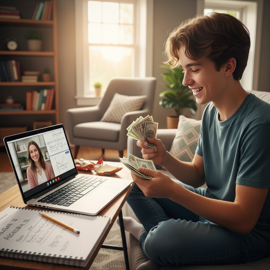 Uczeń analizujący wydatki na korepetycje algebry online, laptop, notatnik, kalkulator