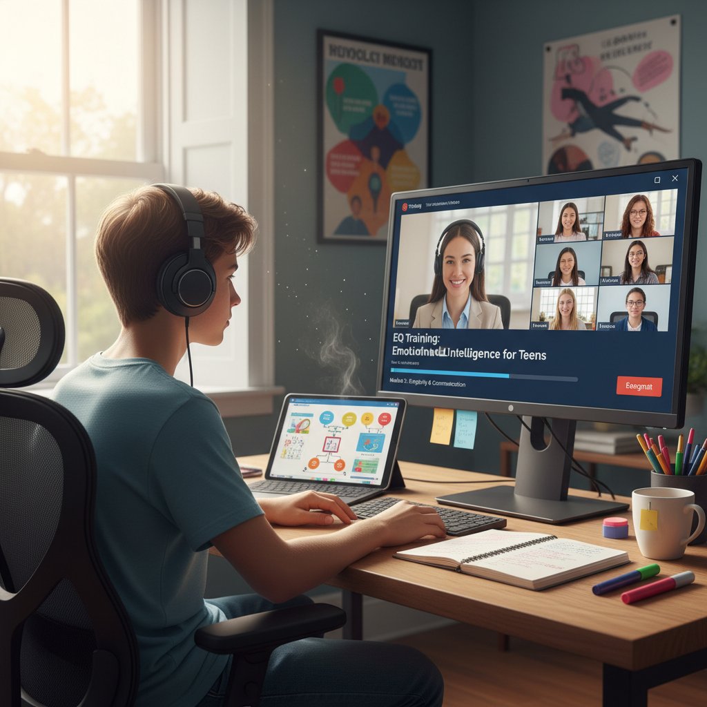 Nastolatek podczas nauki EQ online przy biurku, skupiony i zaangażowany, kursy EQ online, edukacja cyfrowa