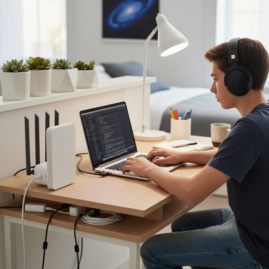 Nastoletni uczeń siedzi przy biurku z laptopem, w tle router i słuchawki, zorganizowane stanowisko pracy